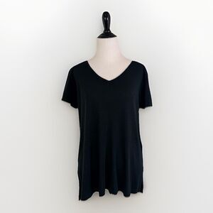 J. Jill Black V Neck Pima Cotton T-Shirt Small Slub Roll Sleeve Exposed Seam